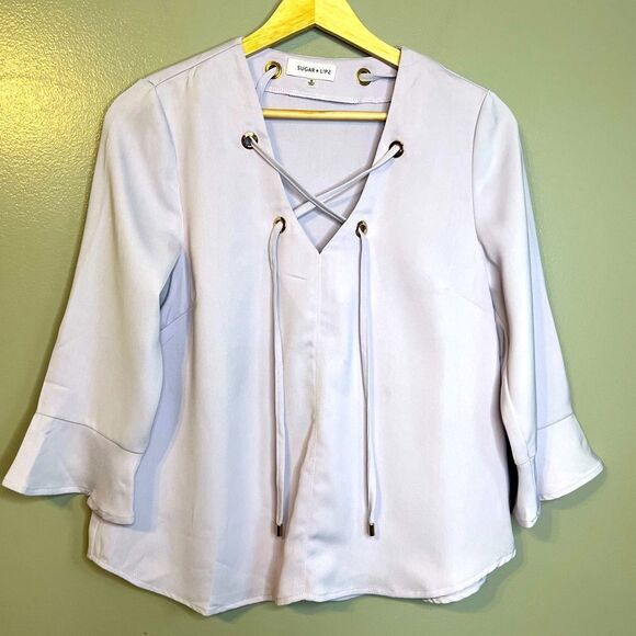 4/$25 Sugar + lip’s lavender blouse size small office casual - Picture 2 of 5